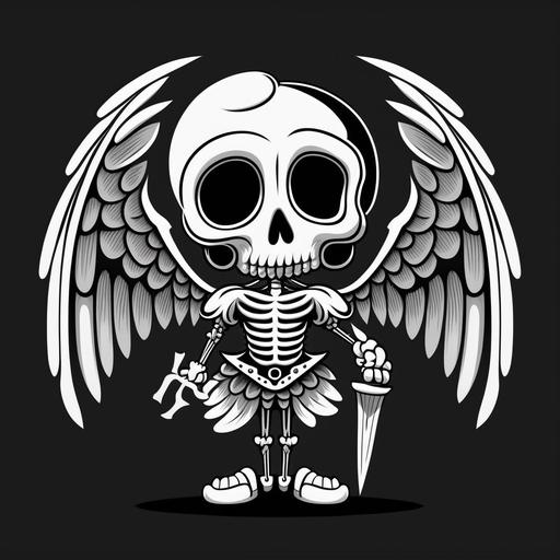 cartoon skeleton with big head and angel wings, black and white palette colors, cartoon design