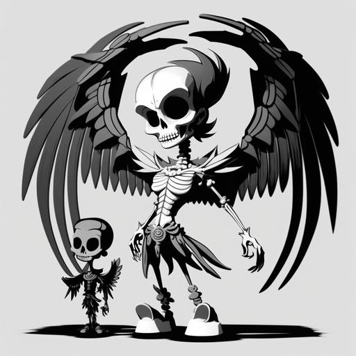cartoon skeleton with big head and angel wings, black and white palette colors, cartoon design