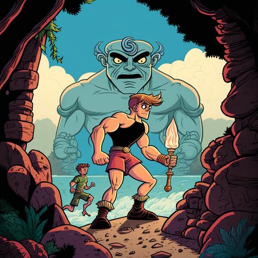 Alex lands on an island where he encounters the one-eyed Cyclops, Polyphemus cartoon