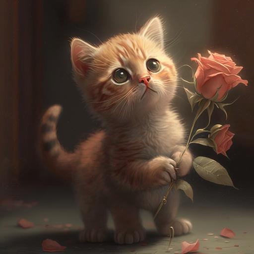 cute cat entregando un ramo de rosas