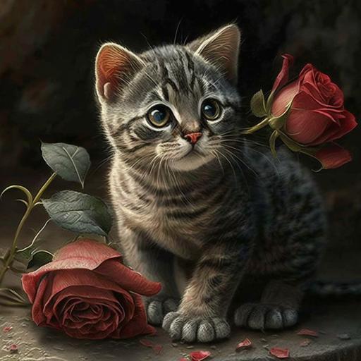 cute cat entregando un ramo de rosas