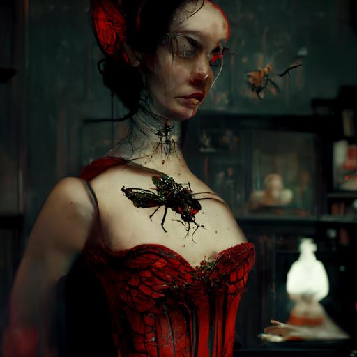 gorgeous woman in the red dress and black corset with open moth wings and insect accessories, victorian house scene, Neil blomkamp, Craig Mullins, cinematic, octane render
