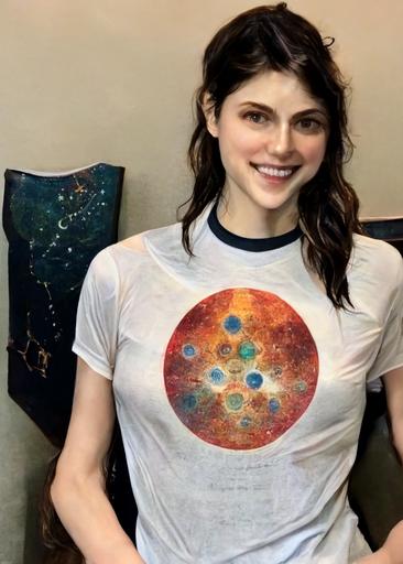 Alexandra Daddario wearing a T-shirt of Cassiopeia, Taurus, Orion, planets, moon, soap bubbles, chakras, sacred geometry, Fibonacci sequence, golden ratio, fractal, aboriginal, tantra, electron diffraction patterns of 5-fold quasicrystals, sea urchin shell, sand dollar, by Sonia Delaunay and Hilma af Klint —mp
