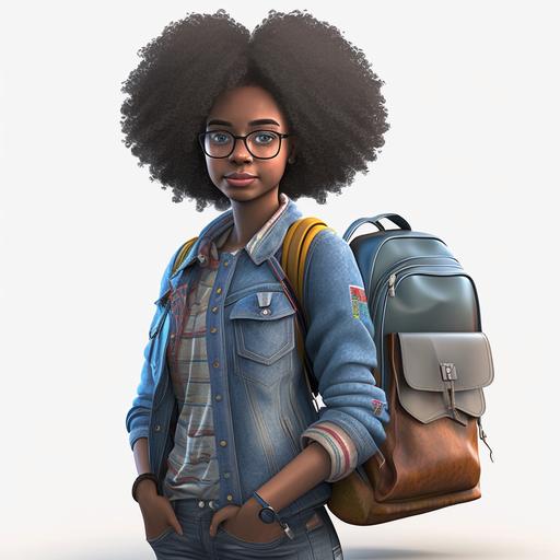 3d cartoon 17-year-old African girl, full body, wearing jeans and a sweater, curly hair, glasses, and a colorful backpack, 3d Arnold rendering, 3d real rendering, photo realistic --v 4 --uplight