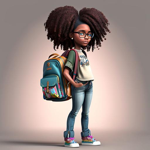 3d cartoon 17-year-old African girl, full body, wearing jeans and a sweater, curly hair, glasses, and a colorful backpack, 3d Arnold rendering, 3d real rendering, photo realistic --v 4 --uplight