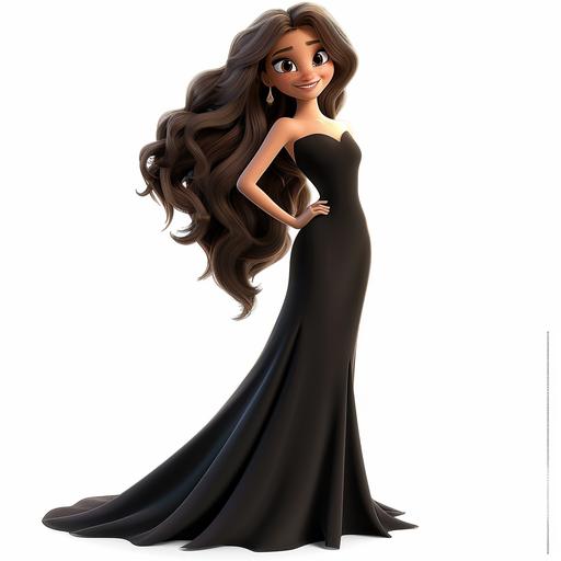 Algerian beautiful woman, with a beautiful smile, long wavy brown hair, brown eyes, long black dress with a white and beige american staff in her arms, cartoon style, pixar quality, highly detailed, full body, white bg, Pixar, 3D