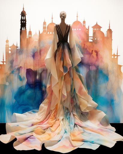 Alhambra Islamic architecture inspired haute couture worn by unique Spanish model, alcohol ink cityscape backdrop surreal dripping and melting into divine geometry --ar 8:10