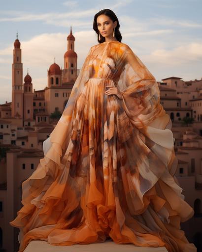 Alhambra Islamic architecture inspired haute couture worn by unique Spanish model, alcohol ink cityscape backdrop surreal dripping and melting into divine geometry --ar 8:10