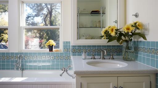 Alhambra-inspired bathroom, 1950s bathroom, vintage tile, Southern California --ar 16:9 --q 1 --style raw --s 50