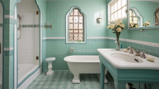 Alhambra-inspired bathroom, 1950s bathroom, vintage tile, Southern California --ar 16:9 --q 1 --style raw --s 50