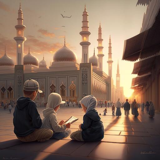 Masjid an Nabawi, Madina, sunset, children reading Quran, photo realistic