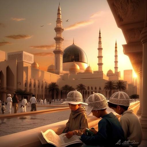 Masjid an Nabawi, Madina, sunset, children reading Quran, photo realistic