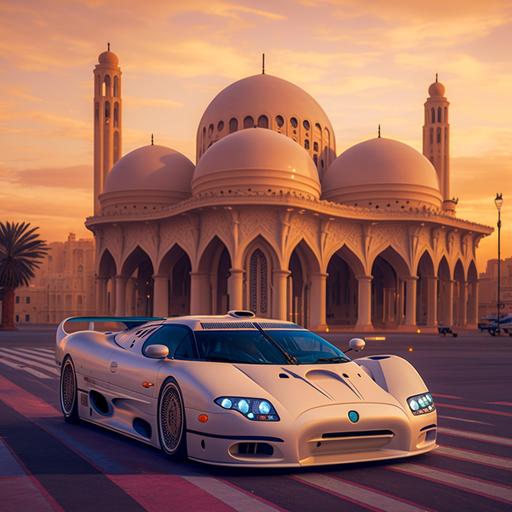 jaguar xj220, Madina, masjid al nabawi, sunset, clean road, sunset, windy, street lamps, wideshot