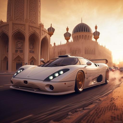 jaguar xj220, Madina, masjid al nabawi, sunset, clean road, sunset, windy, street lamps, wideshot