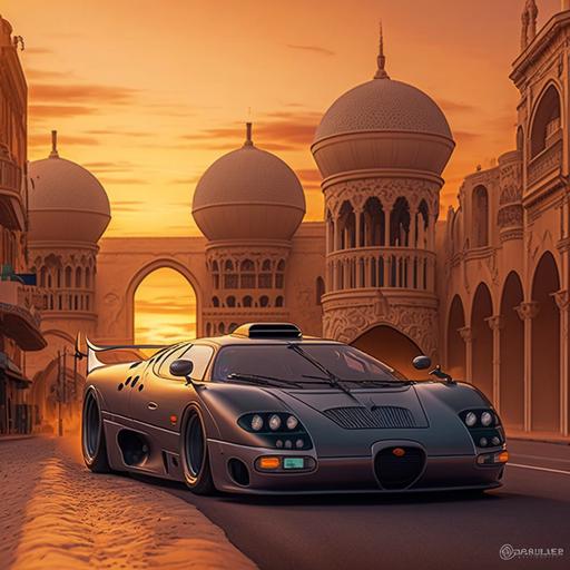 jaguar xj220, Madina, masjid al nabawi, sunset, clean road, sunset, windy, street lamps, wideshot