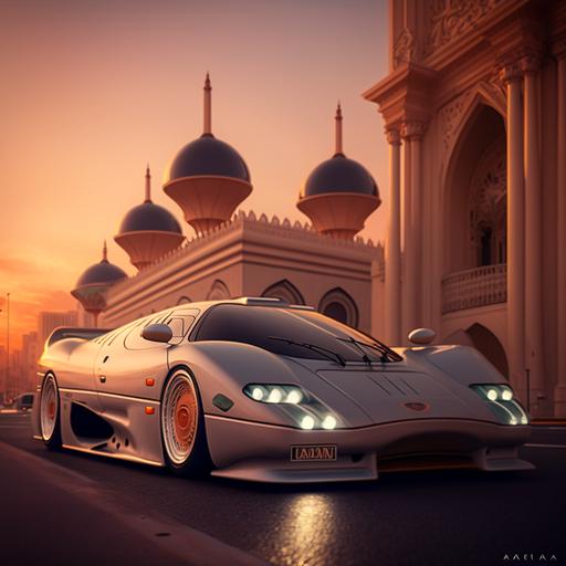 jaguar xj220, Madina, masjid al nabawi, sunset, clean road, sunset, windy, street lamps, wideshot