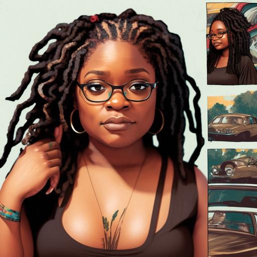 Aliah sheffield, earth is ghetto, as a black woman, realistic photos, dreadlocks for her hair, she wears glasses, average weight. not skinny, chubby face, oh my car broke down on the side of the road , pushing the car up a hill, broken down car on the side of the road , made into a comic layout using the exact features of the woman in the attachments,