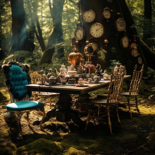 Alice in Wonderland Mad Hatter's Tea party table with no one sitting at it in the middle of the forest