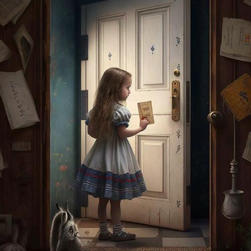 Alice in wonderland choosing doors. Realistic image.