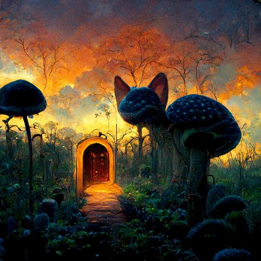 Alice in wonderland garden door cat mouse mushrooms forest sunset
