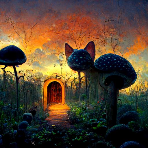 Alice in wonderland garden door cat mouse mushrooms forest sunset