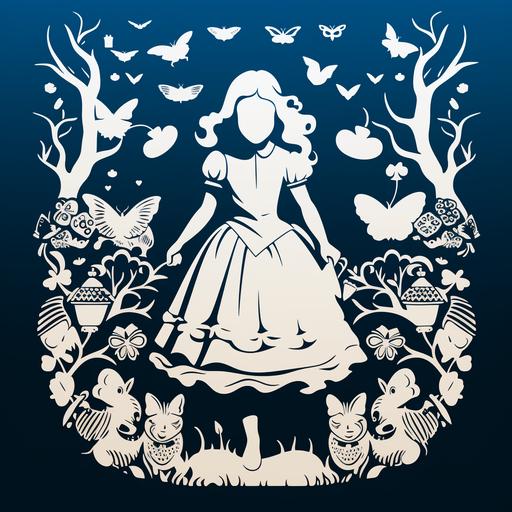Alice in wonderland, stencil, bland and white, solid background
