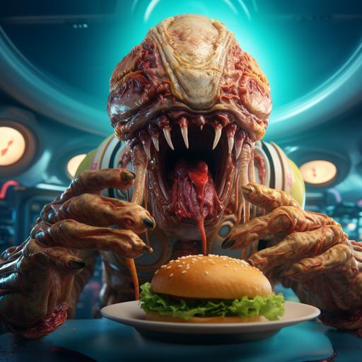 Alien biting into whopper burger, held in his hands. burger king, wes anderson style, wide angle, PHOTOGRAPHY , REALISTIC, ANALOGOUS, UNREAL ENGINE 5