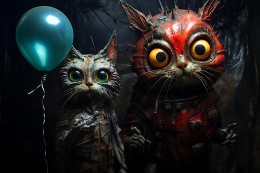 Alien cat owl creatures holding owl cat balloons, Simon Bisley, photography, :wundervoll-ai:0, --ar 3:2
