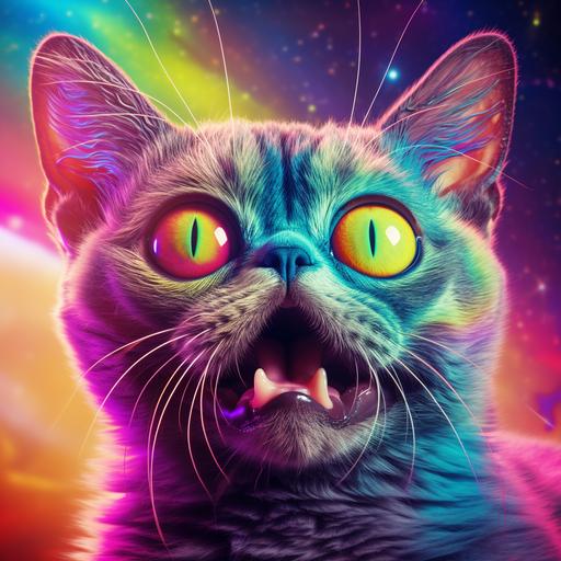 Alien cat with antennae with an amazed face. Rainbow background