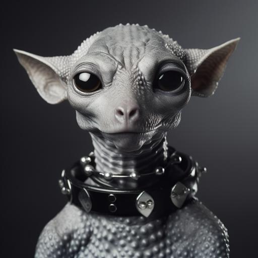 Alien with punk black choker collar and chrome spikes. Alien skin must be fair grey, elf years and black big eyes without iris. Grain portrait studio.