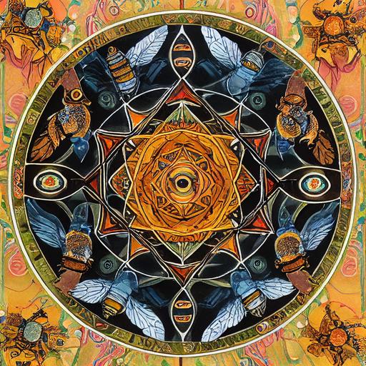 All-Father mandala repeating pattern with intricate details, watercolor-gouache texture, bees, honey-mead, eagle, ravens, horse, throne, spear, warrior, Father as Giver of Wisdom,Deep Lagoon, Merlot, Honey Ginger, and Sulphur Spring, yin-yang concept, waxing and waning, harmonious wisdom, Vantablack and Marshmallow background colors, paper art style textures, complex and masculine --upbeta --test --creative