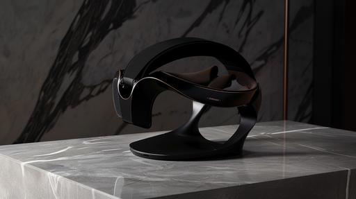 All black vr headset. slim profile. Then all this stuff. Dive into a slim-profiled VR headset design that sits elegantly on a stand, a fusion of the exemplary craftsmanship of iconic brands like Hermès, Leica, and Dyson. Instead of traditional leather, this exceptional piece is adorned with a soft, high-end fabric that offers a luxurious feel, providing comfort without compromising the headset's sleek form factor. The fabric, chosen for its durability and breathable quality, complements the glossy black and metal accents, exuding modern sophistication. From Leica, the headset inherits precision optics for crystal-clear visuals that make virtual experiences indistinguishable from reality. Dyson's influence is evident in the advanced air-flow technology, ensuring the device remains cool, comfortable, and fog-free, even during extended use. This slim-profiled headset, cradled by its stand, stands as a testament not only to the merging of high fashion and technology but also to the pursuit of comfort and elegance in high-performance devices. This collaborative vision presents a VR headset that's not merely a portal to digital dimensions but also a masterpiece of contemporary design and advanced technology, capturing the essence of what these legendary brands represent. --ar 16:9 --s 50 --v 6.0