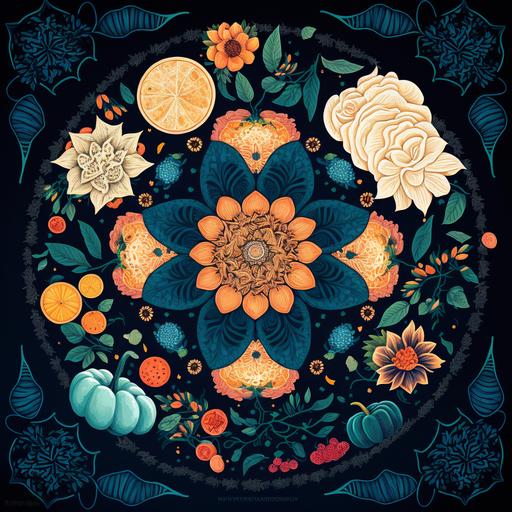 All-mother mandala repeating pattern with intricate details, watercolor gouache texture, flowers, lotus flower inside, butterflies, ripe fruit, wildflowers, berry vibes, mother as life giver, blue river, zinnia and buttercup, light, waxing, harmonious love, Vantablack and Marshmallow background colors, paper art style textures, complex and stunning --v 4