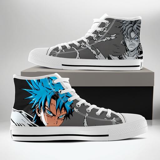 All star shoes, fire force manga inspired, grey scale with a touch of splashy blue, 4k, hiper realistic, top designer