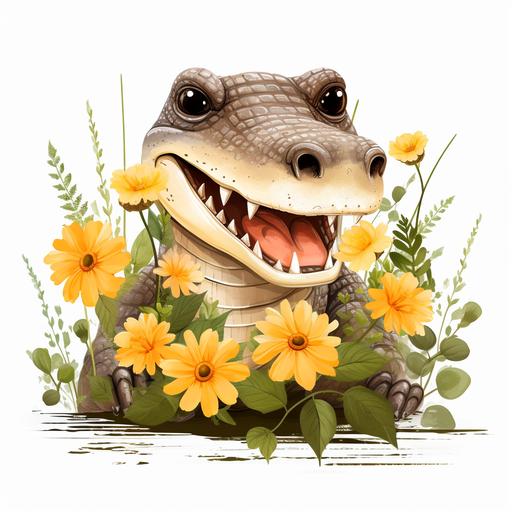 Alligator Clipart Alligator & Spring sunflowers PNG Commercial Use Adorable Crocodile PNG Safari Swamp Animals Clipart Illustration Print