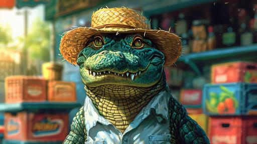 Alligator wearing a straw hat running a garage sale, cartoon style, swamp, folding tables, style of Bone, bright colors --ar 16:9 --s 750 --v 6.0