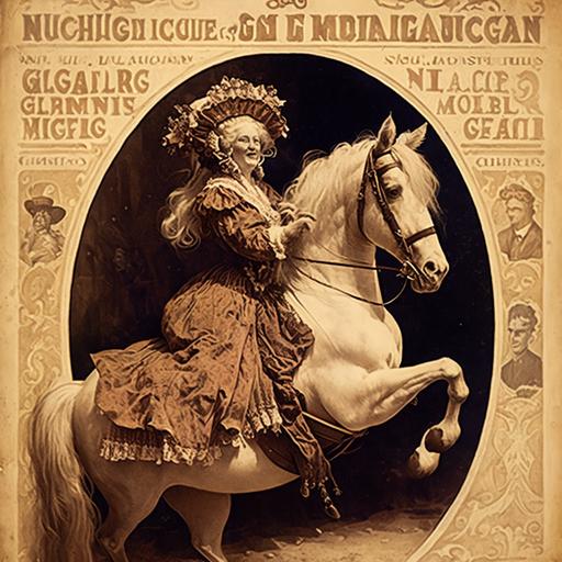 Alphonse Mucha, Magic realistic, Victorian old lady wearing glasses she is a Cowgirl on pony playing an accordion and singing riding a horse jumping a fence, circus poster, advertising music lessons, acrobatics, daguerreotype, Stars , fruit,