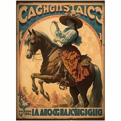 Alphonse Mucha, Magic realistic, Victorian old lady wearing glasses she is a Cowgirl on pony playing an accordion and singing riding a horse jumping a fence, circus poster, advertising music lessons, acrobatics, daguerreotype, Stars , fruit,