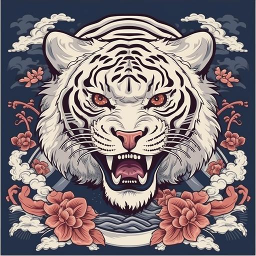 plantilla de tigre blanco en estilo japones tradicional, con rasgos agresivos
