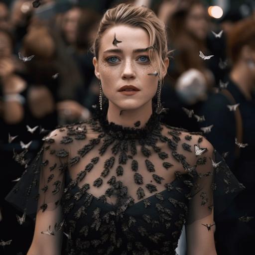 Amber Heard in a chic sparkly black dress with dark makeup starts to break up into many little black and white butterflies --q 2 --v 5 --s 750