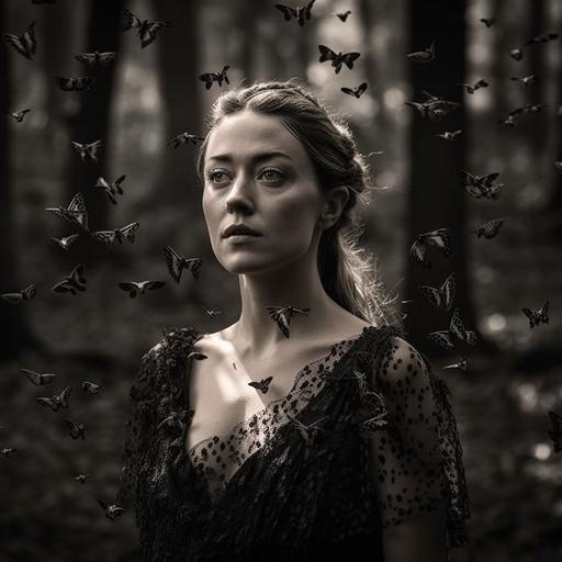 Amber Heard in a chic sparkly black dress with gloomy makeup in a dark forest begins to disintegrate into many small shining black and white butterflies mystic fantasy --q 2 --v 5 --s 750