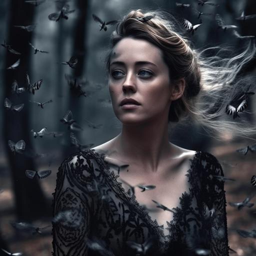 Amber Heard in a chic sparkly black dress with gloomy makeup in a dark forest begins to disintegrate into many small shining black and white butterflies mystic fantasy --q 2 --v 5 --s 750