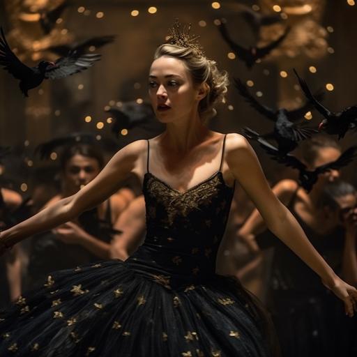 Amber Heard is a villainous ballet dancer in a sparkly black dress and golden crown dancing pointe surrounded by flying little black birds --q 2 --v 5 --s 750