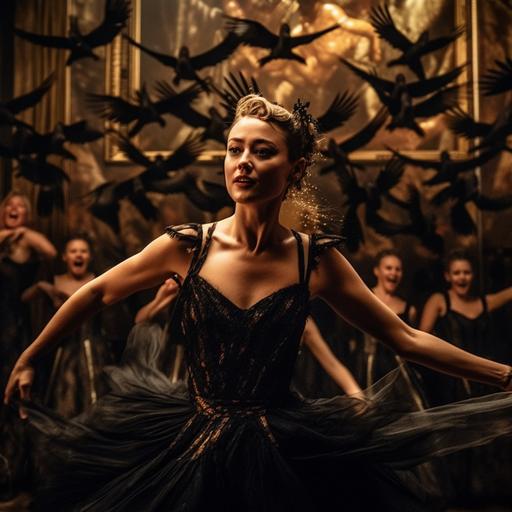 Amber Heard is a villainous ballet dancer in a sparkly black dress and golden crown dancing pointe surrounded by flying little black birds --q 2 --v 5 --s 750