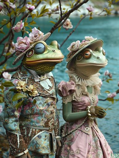 American Gothic wedding ceremony of a frog knight and a female mantis Dame on the shore of a lake with blue water, under a flowering tree. A frog knight wearing ornate iridescent emerald purple armor and helmet in a romantic couple with an elegant green female mantis Dame wearing a pink and white baroque layered dress. In the style of Grant Wood and Tim Walker --ar 3:4 --v 6.0 --style raw --s 250
