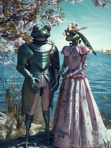 American Gothic wedding ceremony of a frog knight and a female mantis Dame on the shore of a lake with blue water, under a flowering tree. A frog knight wearing ornate iridescent emerald purple armor and helmet in a romantic couple with an elegant green female mantis Dame wearing a pink and white baroque layered dress. In the style of Grant Wood and Tim Walker --ar 3:4 --v 6.0 --style raw