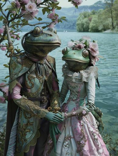 American Gothic wedding ceremony of a frog knight and a female mantis Dame on the shore of a lake with blue water, under a flowering tree. A frog knight wearing ornate iridescent emerald purple armor and helmet in a romantic couple with an elegant green female mantis Dame wearing a pink and white baroque layered dress. In the style of Grant Wood and Tim Walker --ar 3:4 --v 6.0 --style raw