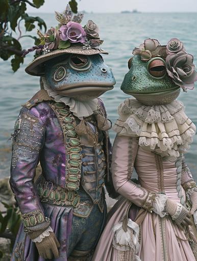 American Gothic wedding ceremony of a frog knight and a female mantis Dame on the shore of a lake with blue water, under a flowering tree. A frog knight wearing ornate iridescent emerald purple armor and helmet in a romantic couple with an elegant green female mantis Dame wearing a pink and white baroque layered dress. In the style of Grant Wood and Tim Walker --ar 3:4 --v 6.0 --style raw --s 250