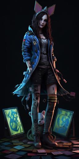 American McGee's Alice in Cyberpunk wonderland, neon city, blue jacket, stockings, cat ears headphones, checkers, ace of spades card in hand, full body standing, --ar 9:18 --s 250 --v 5