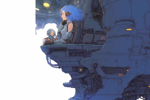American comic style,A girl wearing mechanical armor is talking,, blue low-cut T-shirt, long and blue hair, sitting on a suspended king's chair,C-CUP, with the captain's room of an alien spaceship in the background,front view --niji 5